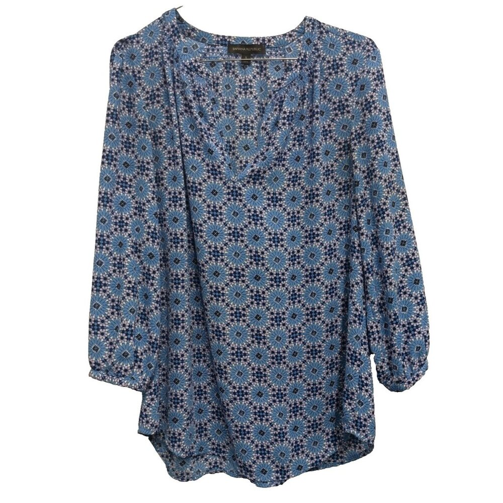 Banana Republic Womens Blouse Top‎ Small Blue Purple Floral Peasant 3/4 Sleeve